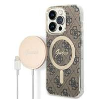 Kit Husa Guess Case+ Încărcător iPhone 14 Pro 6.1" maro/maro Hard case 4G Print MagSafe