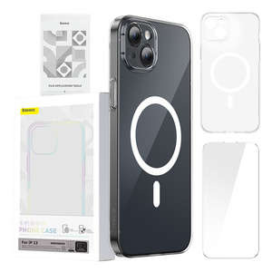 Husa protecție Baseus Mag netic Crystal Clear pentru iPhone 13 (transparent) + folie sticla + kit de curățare