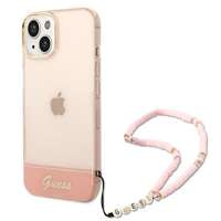 Husa Apple iPhone GUESS 14 Plus translucidă curea de perlă translucidă Pink Hardcase