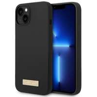 Husa Apple iPhone MagSafe GUESS 14 Plus Silicon Logo Plate negru Hardcase