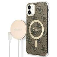 Kit Husa Guess Case+Charger iPhone 11 6.1" maro/maro greu case 4G Print MagSafe