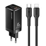 Incarcator USAMS 2xUSB-C USB-A GaN 65W MT PD Cablu USB-C Apple Lightning 30W încărcare rapidă MTXLOGTL01 Negru