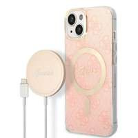Kit Husa Guess Case+ Încărcător iPhone 14 Plus 6.7" roz/roșu tare case 4G Print MagSafe