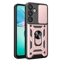 Husă Hybrid Armor Camshield cu capac pentru cameră și inel metalic pentru Samsung Galaxy S25+ - roz