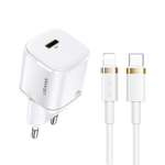 Incarcator USAMS 1xUSB-C T36 Mini 20W + Cablu USB-C Apple Lightning PD3.0 Încărcare rapidă Alb