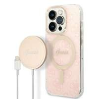 Kit Husa Guess Case+ Încărcător iPhone 14 Pro 6.1" roz/roșu greu case 4G Print MagSafe