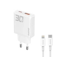 Incarcator de perete Dudao A30EUL GaN 30W USB-A / USB-C + USB-C - Cablu Lightning - alb
