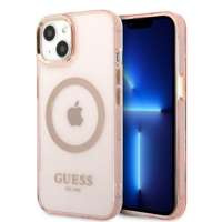 Husa Apple iPhone MagSafe GUESS 13 Gold Outline Translucident Pink Hardcase