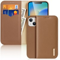 husa iPhone Dux Ducis Hivo din piele cu capac cu clapetă portofel din piele naturală pentru carduri și documente 14 maro