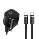 Incarcator USAMS 1xUSB-C T36 Mini 20W + Cablu USB-C Apple Lightning PD3.0 Fast Charging Black