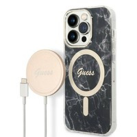 Kit Husa Guess Case+ Încărcător iPhone 14 Pro 6.1" negru/negru greu case Marmură MagSafe