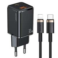 USAMS Charg. cablu 1xUSB-C+1xUSB T43 33W PD3.0 +QC3.0 + U63 USB-C to lightning negru/negru USKTZ01