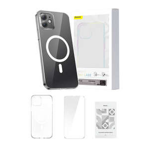 Husa protecție Baseus Mag netic Crystal Clear pentru iPhone 12 (transparent) + folie sticla + kit de curățare