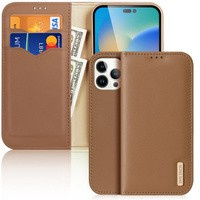 husa iPhone Dux Ducis Hivo din piele cu clapetă din piele naturală pentru portofel pentru carduri și documente 14 Pro Max maro
