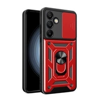 Husă Hybrid Armor Camshield cu capac pentru cameră și inel metalic pentru Samsung Galaxy S24 FE - roșu
