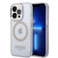 Husa Apple iPhone MagSafe GUESS 14 Pro Gold Outline Translucid Gold Purple Translucid Gold Clear Hardcase