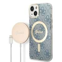 Kit Husa Guess Case+ Încărcător iPhone 14 6.1" albastru/albastru hard case 4G Print MagSafe