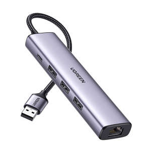 Adaptor UGREEN 5in1 USB-A la 3x USB 3.0 + RJ45 + USB-C (argintiu)