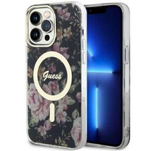 Husa iPhonecase MagSafe Guess GUHMP14XHCFWSK 14 Pro Max 6.7" negru/negru Floare tare Guess GUHMP14XHCFWSK Case