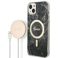 Kit Husa Guess Case+ Încărcător iPhone 14 Plus 6.7" negru/negru dur case Marmură MagSafe
