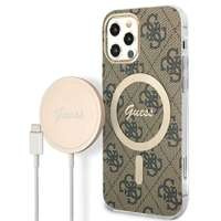 Kit Husa Guess Case+ Încărcător iPhone 12/12 Pro maro/maro greu case 4G Print MagSafe
