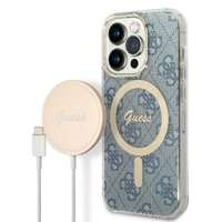 Kit Husa Guess Case+ Încărcător iPhone 14 Pro 6.1" albastru/albastru hard case 4G Print MagSafe