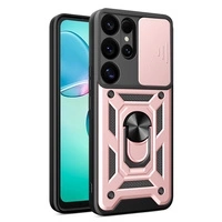 Husă Hybrid Armor Camshield cu capac pentru cameră și inel metalic pentru Samsung Galaxy S25 Ultra - roz