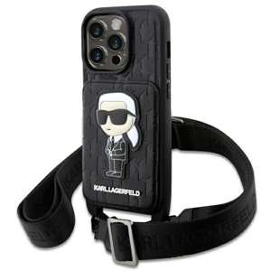 Husa iPhonecase Karl Lagerfeld KLHCP14LCSAKHPKK 14 Pro 6.1" dur negru/negru Crossbody Saffiano Monogramă Ikonik Case