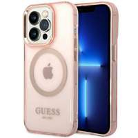 Husa Apple iPhone MagSafe GUESS 14 Pro Max Max Gold Outline Translucident Pink Hardcase