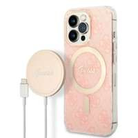 Kit Husa Guess Case+ Încărcător iPhone 13 Pro roz/roz tare case 4G Print MagSafe