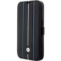Husa iPhonecase BMW BMBKP14L22RVSK 14 Pro 6.1" negru/negru carte de piele Ștampilă din piele cu linii albastre