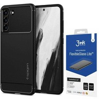 Spigen Galaxy S21 Fe Rugged Armor MATTE Negru Case + Szkło 3mk Sticlă flexibilă Lite