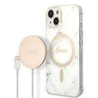 Kit Husa Guess Case+ Încărcător iPhone 14 Plus 6.7" alb/ alb greu case Marmură MagSafe