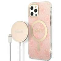Kit Husa Guess Case+ Încărcător iPhone 12/12 Pro roz/roz tare case 4G Print MagSafe