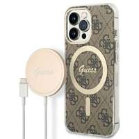 Kit Husa Guess Case+ Încărcător iPhone 13 Pro maro/maro Hard case 4G Print MagSafe