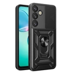 Husă Hybrid Armor Camshield cu capac pentru cameră și inel metalic pentru Samsung Galaxy S25+ - neagră