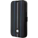 Husa iPhonecase BMW BMBKP14L22RVSK 14 Pro 6.1" negru/negru carte de piele Ștampilă din piele cu linii albastre