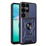 Husă Hybrid Armor Camshield cu capac pentru cameră și inel metalic pentru Samsung Galaxy S25 Ultra - albastru
