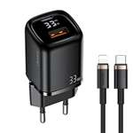USAMS Network Charging. 1xUSB-C+1xUSB T46 33W PD3.0 +QC3.0 Fast Charging +cablu U63 USB-C/Lightning black/black UDTZ01