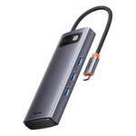 Baseus Metal Stație de andocare HUB Gleam Series 6-in-1 USB Type C - 3 x USB 3.2 Gen. 1 / 1 x Power Delivery / 1 x cititor de carduri SD / 1 x cititor de carduri TF gri (WKWG030213)