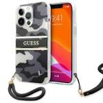 Husa rigidă neagră GUESS pentru Apple iPhone 13 Pro Max Camo Strap Collection