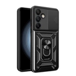Husă Hybrid Armor Camshield cu capac pentru cameră și inel metalic pentru Samsung Galaxy S24 FE - neagră