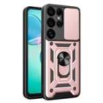 Husă Hybrid Armor Camshield cu capac pentru cameră și inel metalic pentru Samsung Galaxy S25 Ultra - roz