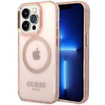 Husa Apple iPhone MagSafe GUESS 14 Pro Max Max Gold Outline Translucident Pink Hardcase