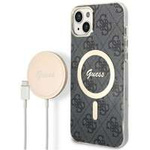 Kit Husa Guess Case+ Încărcător iPhone 14 Plus 6.7" negru/negru hard case 4G Print MagSafe