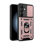 Husă Hybrid Armor Camshield cu capac pentru cameră și inel metalic pentru Samsung Galaxy S24 FE - roz