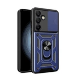 Husă Hybrid Armor Camshield cu capac pentru cameră și inel metalic pentru Samsung Galaxy S24 FE - albastru