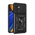 Husă Hybrid Armor Camshield cu capac pentru cameră și inel metalic pentru Samsung Galaxy S25 - neagră