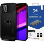 Case SPIGEN Rugged Armor Iphone 12 12 Pro Matte Black Black + Glass 3MK Flexible Glass Lite