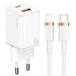USAMS Charg. cablu 1xUSB-C+1xUSB T43 33W PD3.0 +QC3.0 + U63 USB-C la Lightning alb/alb USKTZ02